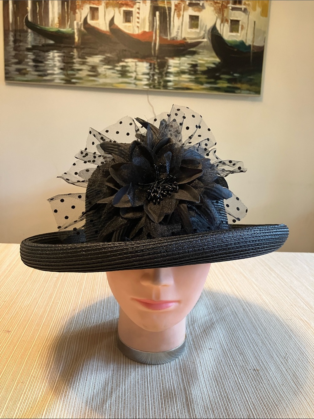 Elegant Black Women's Floral Church Hat with Veil